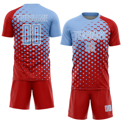 Custom Red Light Blue-White Modern Polka Dot Sublimation Soccer Uniform Jersey