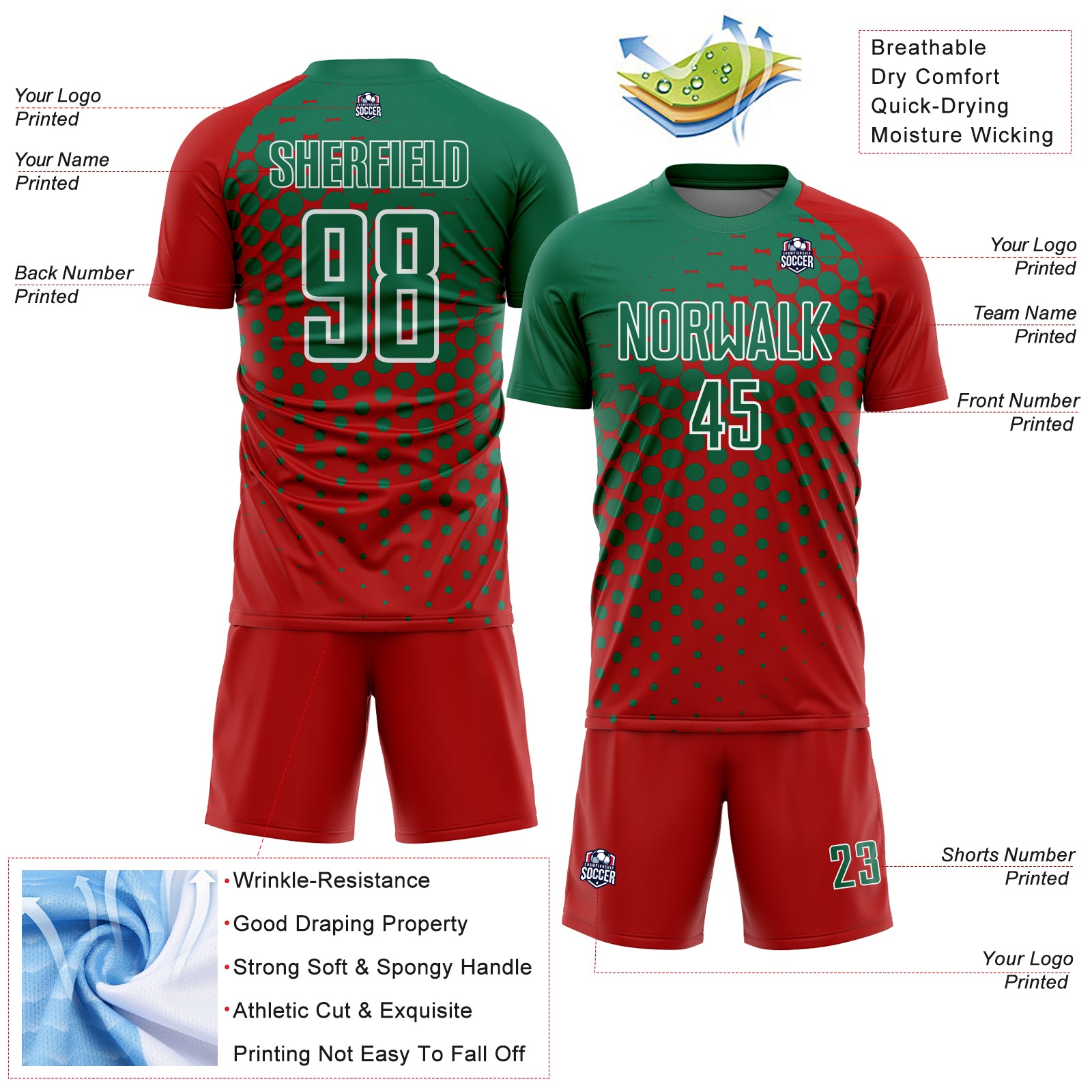 Custom Red Kelly Green-White Modern Polka Dot Sublimation Soccer Uniform Jersey