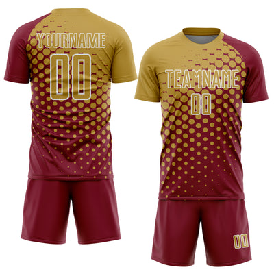 Custom Crimson Old Gold-White Modern Polka Dot Sublimation Soccer Uniform Jersey