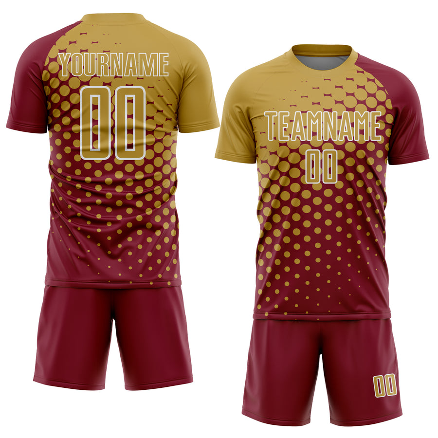 Custom Crimson Old Gold-White Modern Polka Dot Sublimation Soccer Uniform Jersey