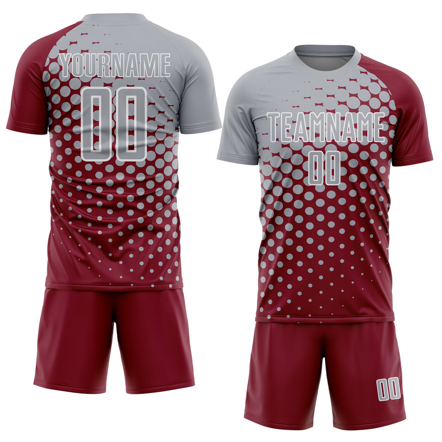 Custom Crimson Gray-White Modern Polka Dot Sublimation Soccer Uniform Jersey