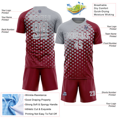 Custom Crimson Gray-White Modern Polka Dot Sublimation Soccer Uniform Jersey