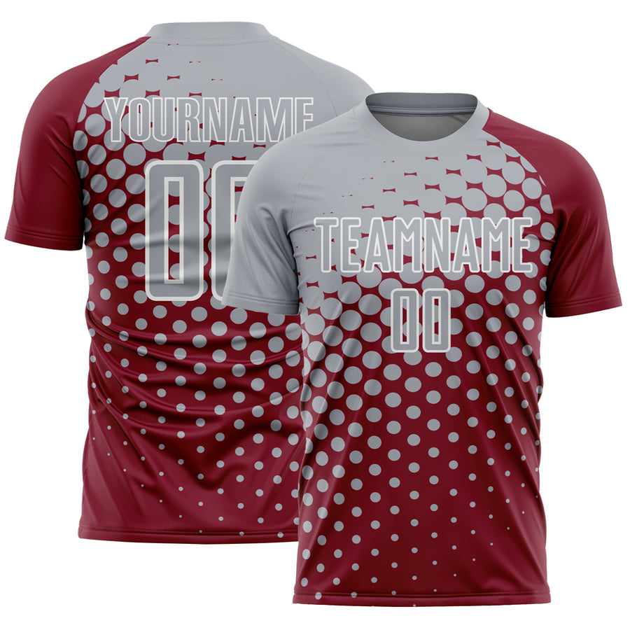 Custom Crimson Gray-White Modern Polka Dot Sublimation Soccer Uniform Jersey