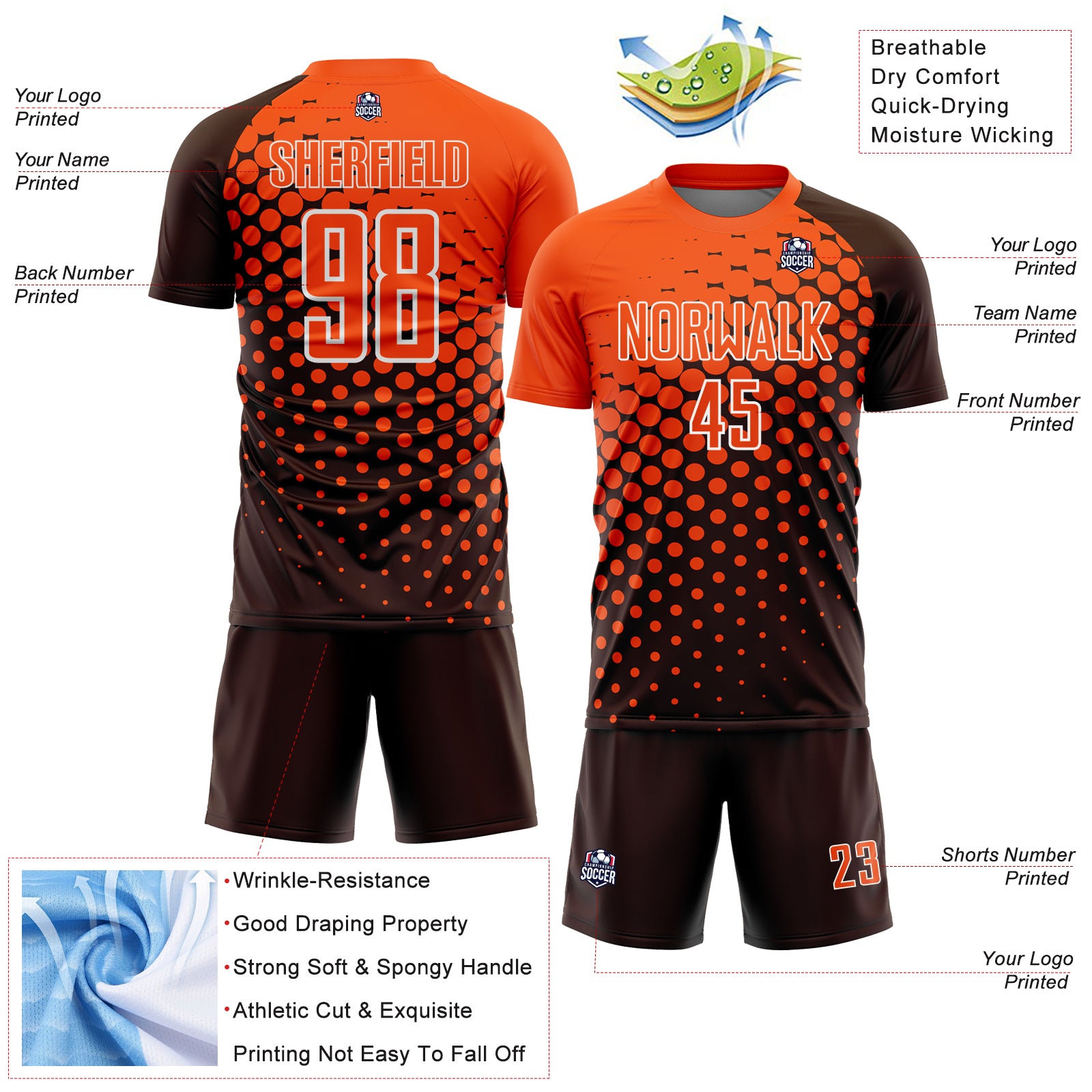 Custom Brown Orange-White Modern Polka Dot Sublimation Soccer Uniform Jersey