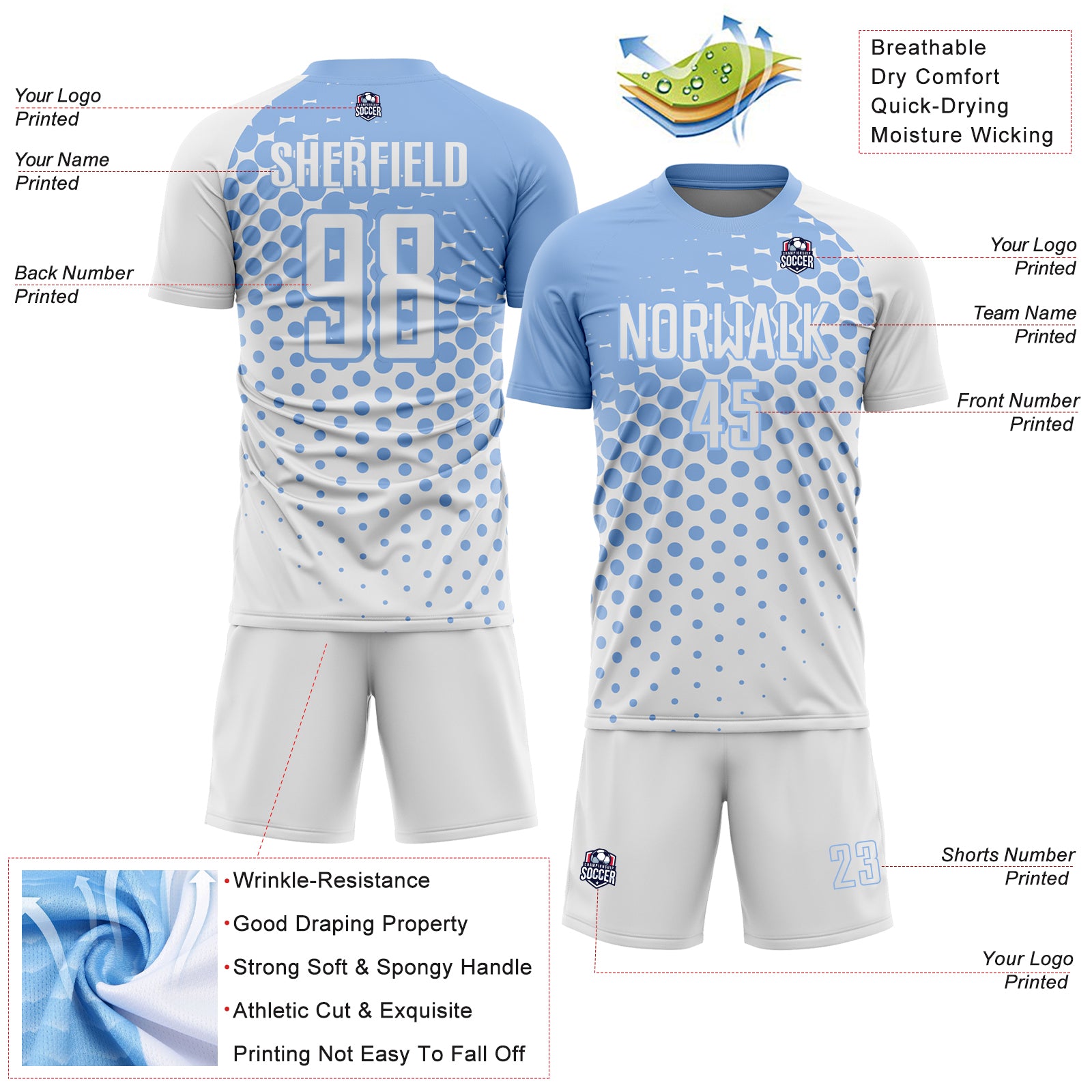 Custom White Light Blue Modern Polka Dot Sublimation Soccer Uniform Jersey