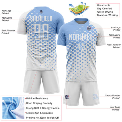 Custom White Light Blue Modern Polka Dot Sublimation Soccer Uniform Jersey