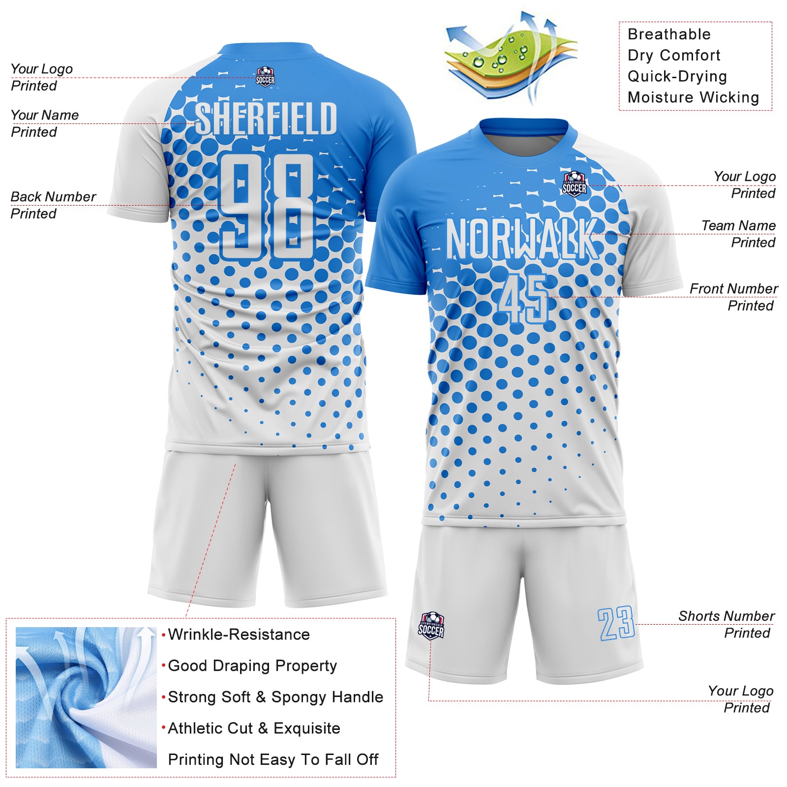 Custom White Powder Blue Modern Polka Dot Sublimation Soccer Uniform Jersey