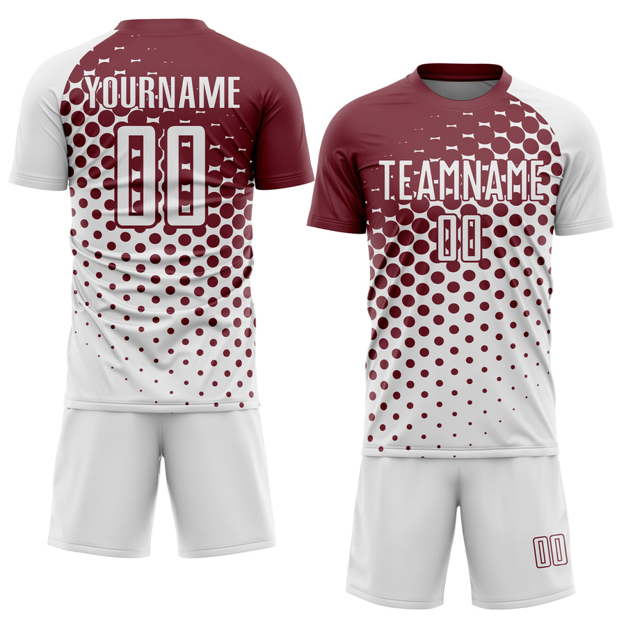 Custom White Burgundy Modern Polka Dot Sublimation Soccer Uniform Jersey
