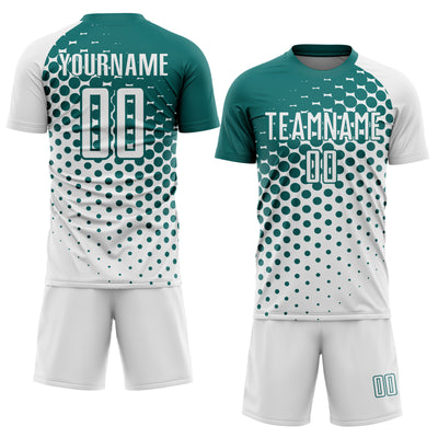 Custom White Teal Modern Polka Dot Sublimation Soccer Uniform Jersey