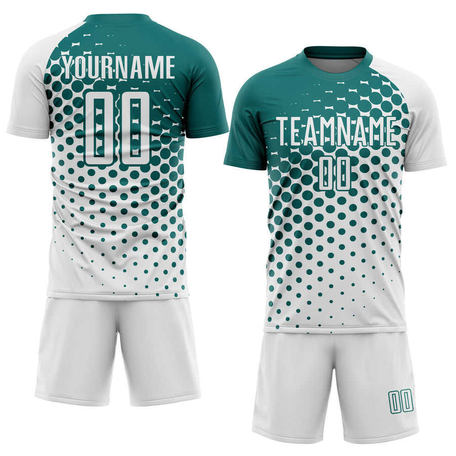 Custom White Teal Modern Polka Dot Sublimation Soccer Uniform Jersey