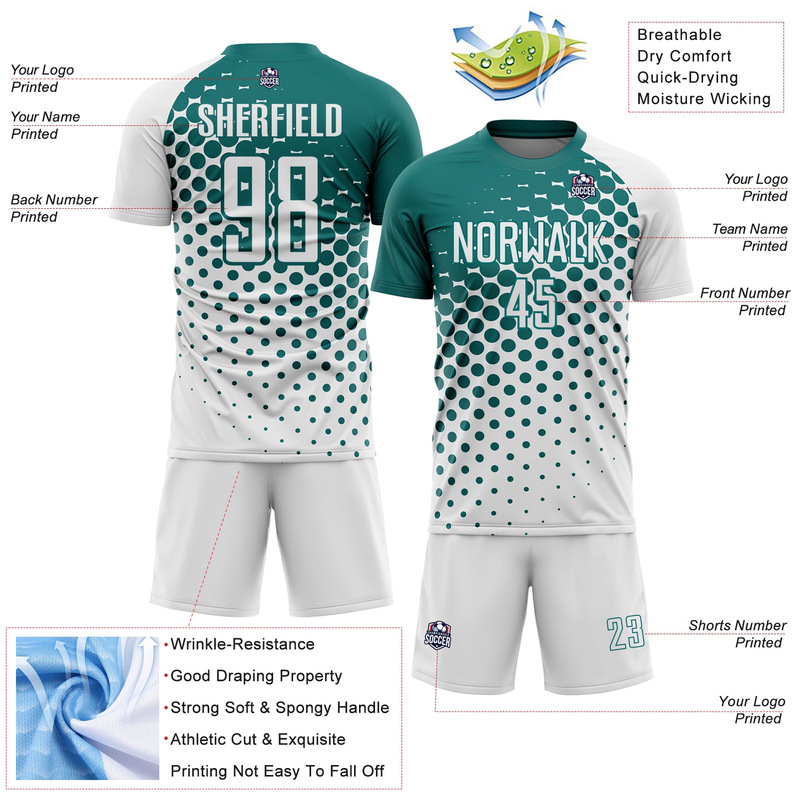 Custom White Teal Modern Polka Dot Sublimation Soccer Uniform Jersey
