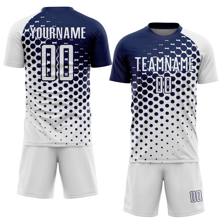 Custom White Navy Modern Polka Dot Sublimation Soccer Uniform Jersey