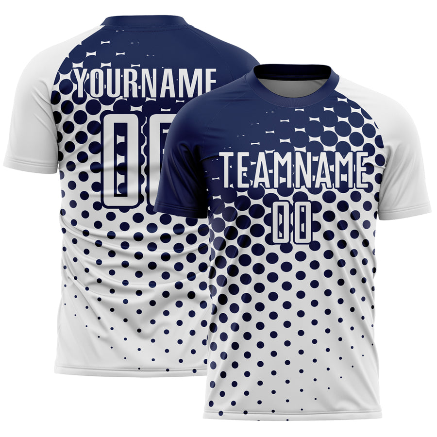 Custom White Navy Modern Polka Dot Sublimation Soccer Uniform Jersey