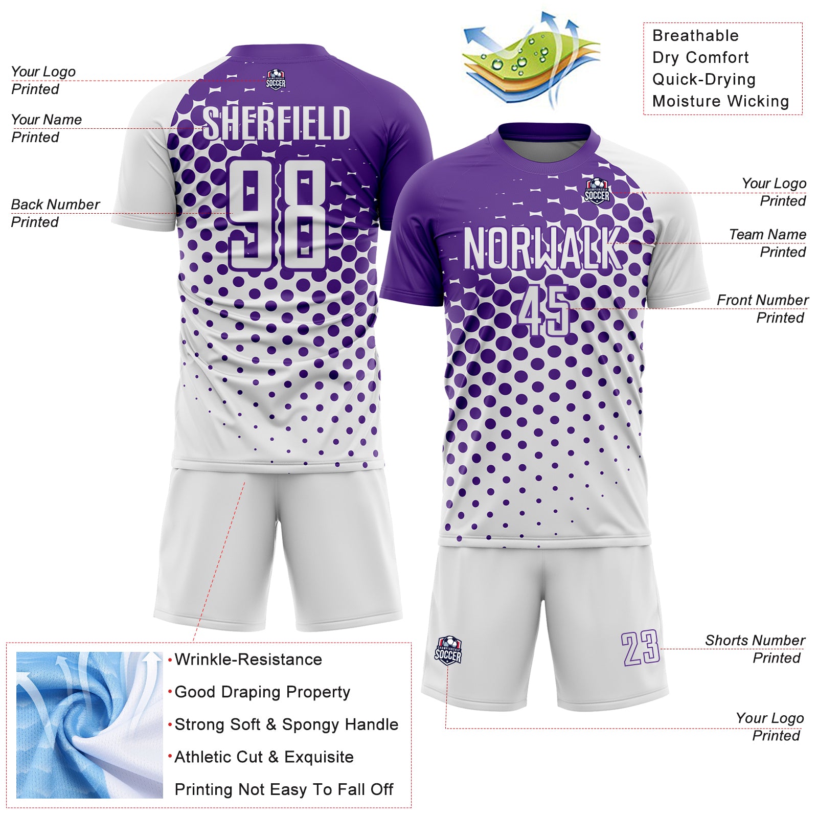 Custom White Purple Modern Polka Dot Sublimation Soccer Uniform Jersey