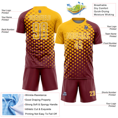 Custom Burgundy Gold-White Modern Polka Dot Sublimation Soccer Uniform Jersey