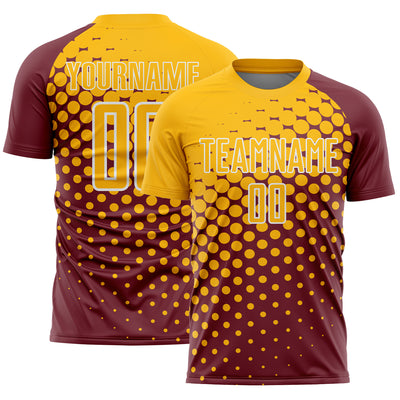 Custom Burgundy Gold-White Modern Polka Dot Sublimation Soccer Uniform Jersey