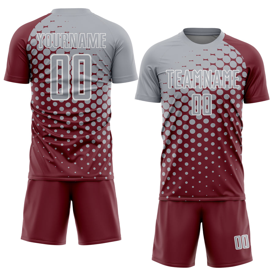 Custom Burgundy Gray-White Modern Polka Dot Sublimation Soccer Uniform Jersey