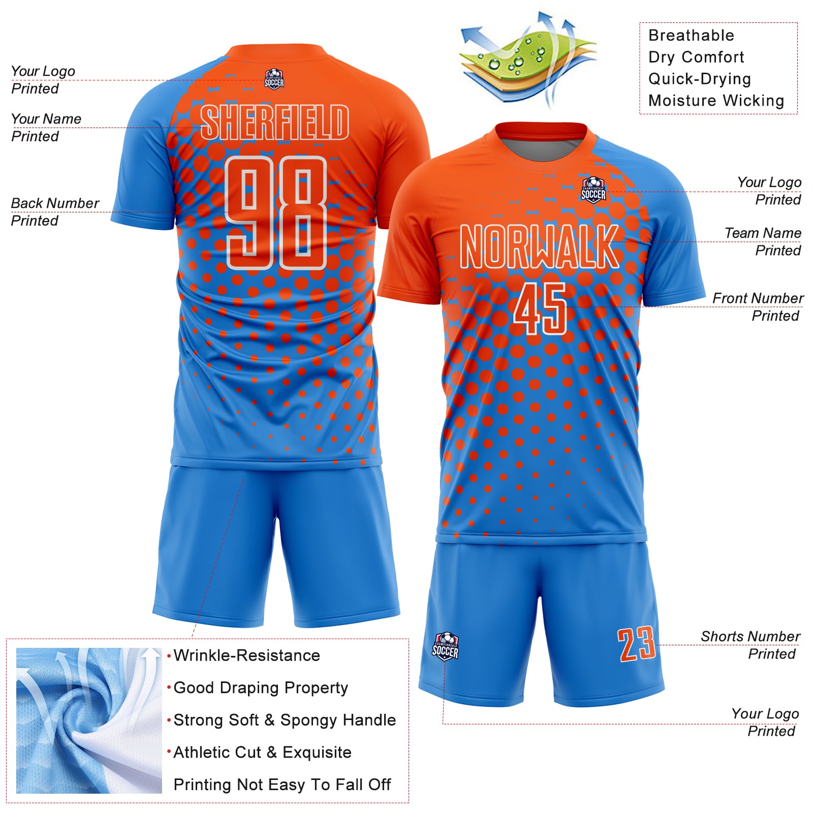 Custom Powder Blue Orange-White Modern Polka Dot Sublimation Soccer Uniform Jersey