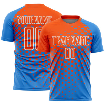 Custom Powder Blue Orange-White Modern Polka Dot Sublimation Soccer Uniform Jersey