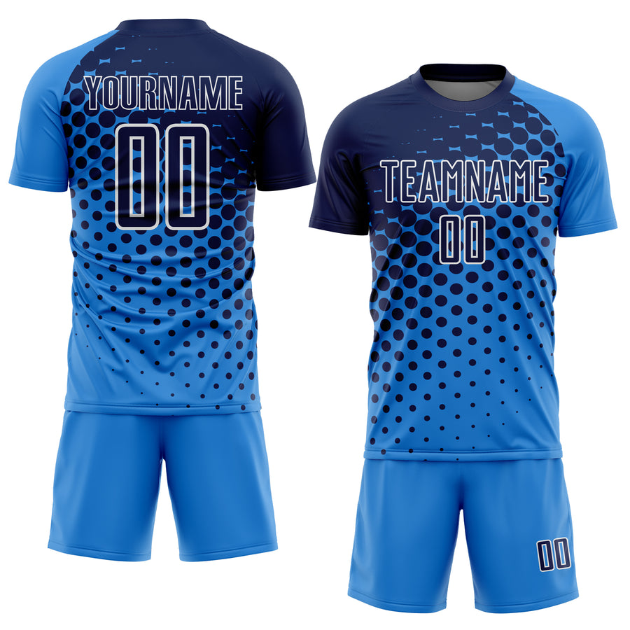 Custom Powder Blue Navy-White Modern Polka Dot Sublimation Soccer Uniform Jersey
