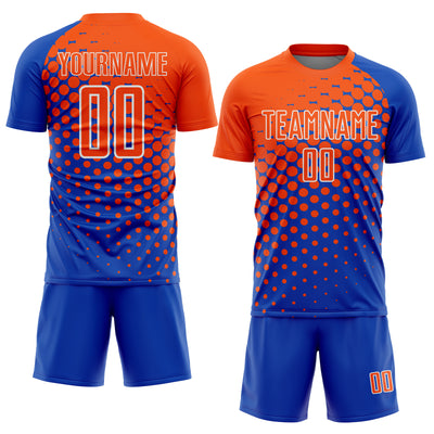 Custom Thunder Blue Orange-White Modern Polka Dot Sublimation Soccer Uniform Jersey