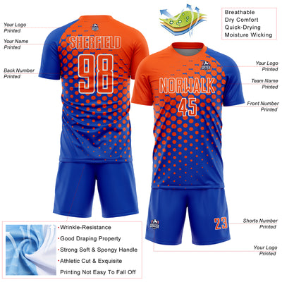 Custom Thunder Blue Orange-White Modern Polka Dot Sublimation Soccer Uniform Jersey