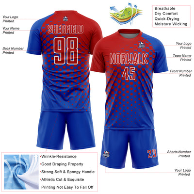 Custom Thunder Blue Red-White Modern Polka Dot Sublimation Soccer Uniform Jersey