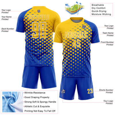 Custom Thunder Blue Yellow-White Modern Polka Dot Sublimation Soccer Uniform Jersey