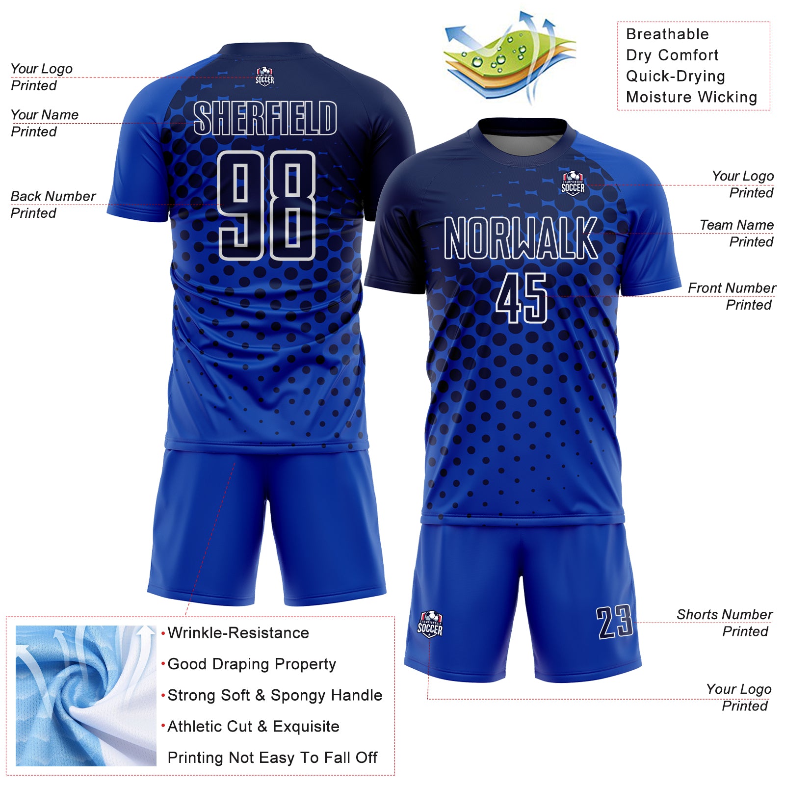 Custom Thunder Blue Navy-White Modern Polka Dot Sublimation Soccer Uniform Jersey
