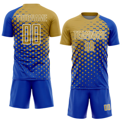 Custom Thunder Blue Old Gold-White Modern Polka Dot Sublimation Soccer Uniform Jersey