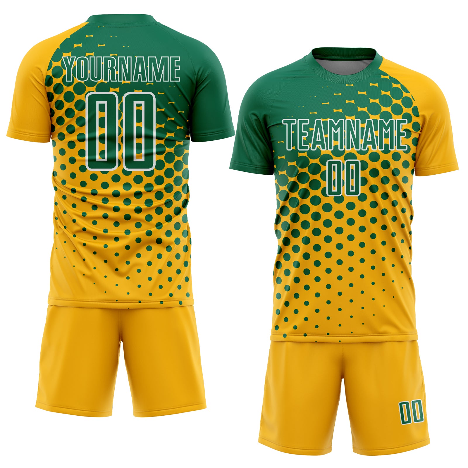 Custom Gold Kelly Green-White Modern Polka Dot Sublimation Soccer Uniform Jersey