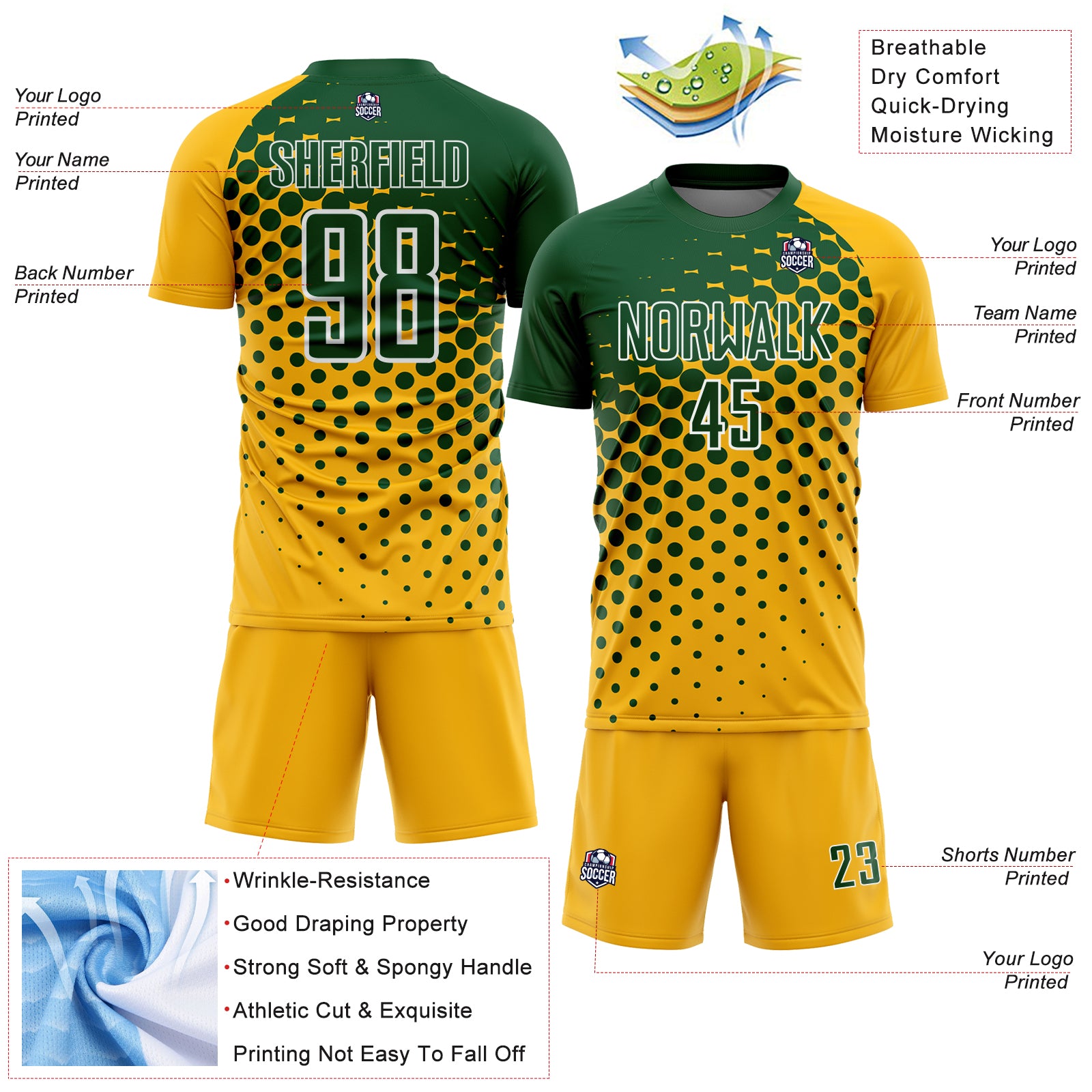 Custom Gold Green-White Modern Polka Dot Sublimation Soccer Uniform Jersey