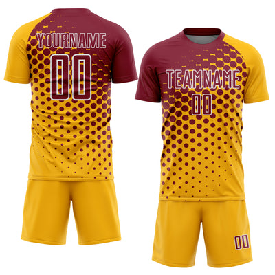 Custom Gold Crimson-White Modern Polka Dot Sublimation Soccer Uniform Jersey