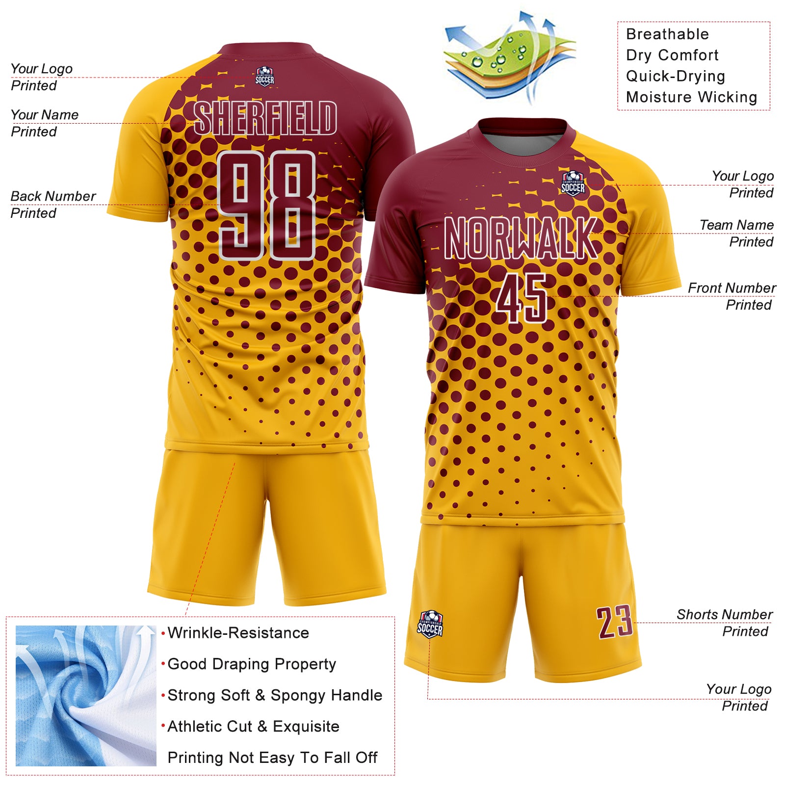 Custom Gold Crimson-White Modern Polka Dot Sublimation Soccer Uniform Jersey