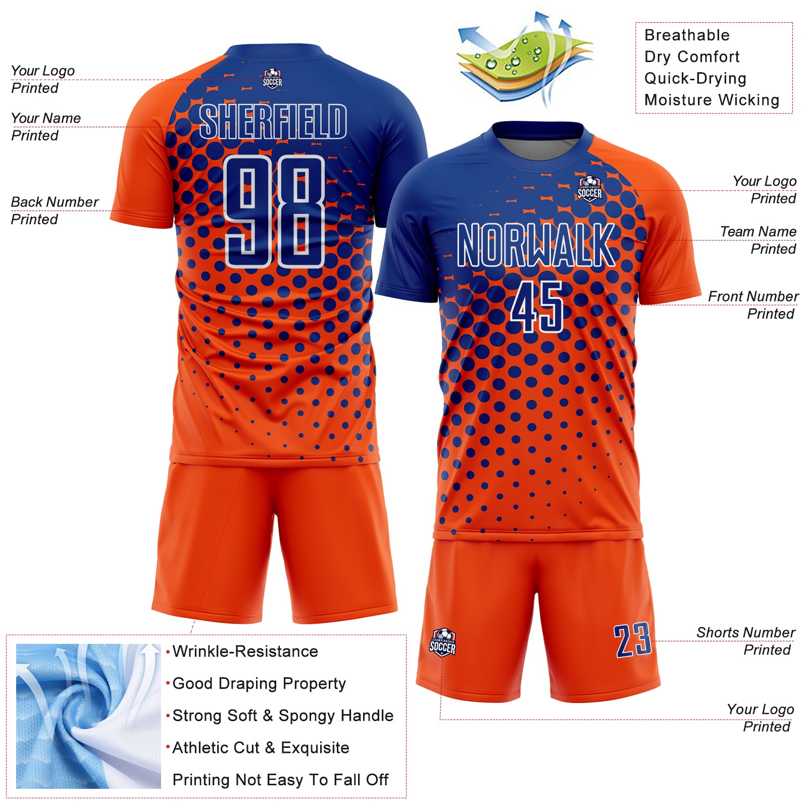 Custom Orange Royal-White Modern Polka Dot Sublimation Soccer Uniform Jersey