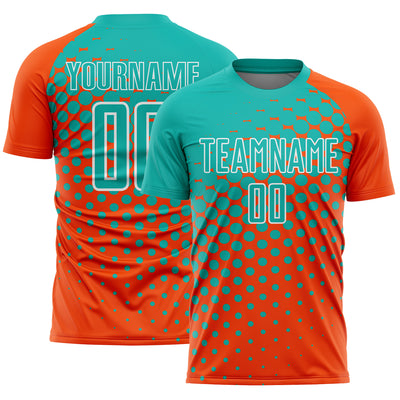 Custom Orange Aqua-White Modern Polka Dot Sublimation Soccer Uniform Jersey