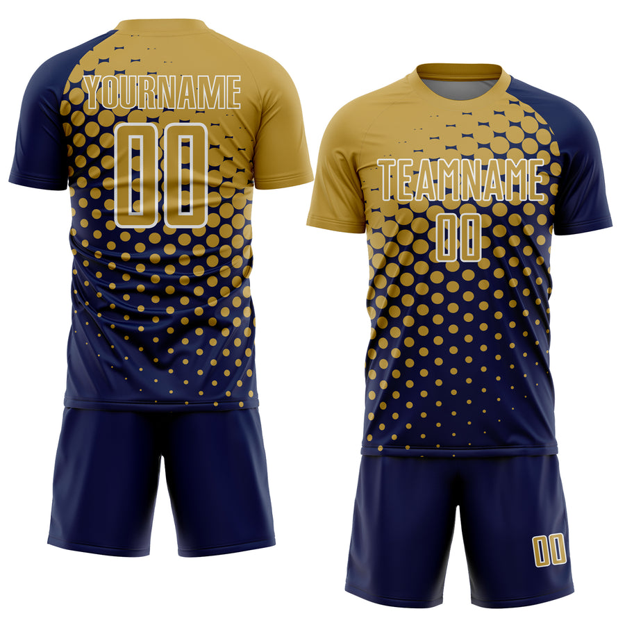 Custom Navy Old Gold-White Modern Polka Dot Sublimation Soccer Uniform Jersey