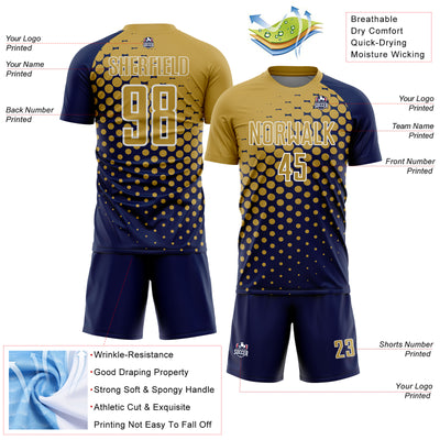 Custom Navy Old Gold-White Modern Polka Dot Sublimation Soccer Uniform Jersey
