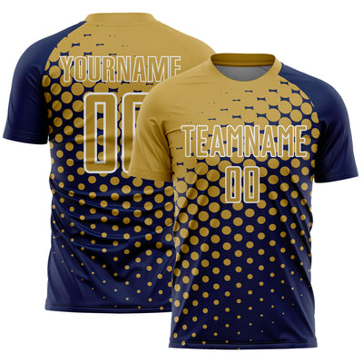 Custom Navy Old Gold-White Modern Polka Dot Sublimation Soccer Uniform Jersey