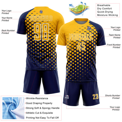 Custom Navy Gold-White Modern Polka Dot Sublimation Soccer Uniform Jersey
