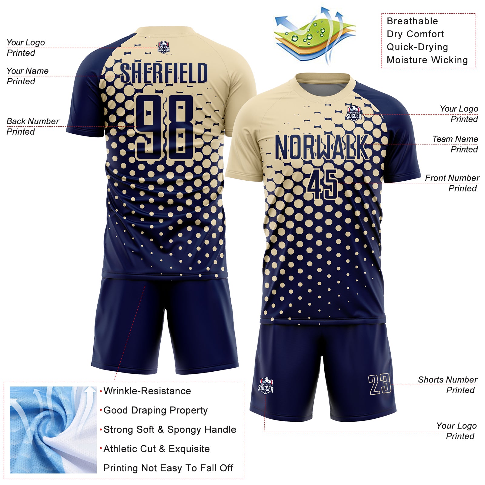 Custom Navy Cream Modern Polka Dot Sublimation Soccer Uniform Jersey