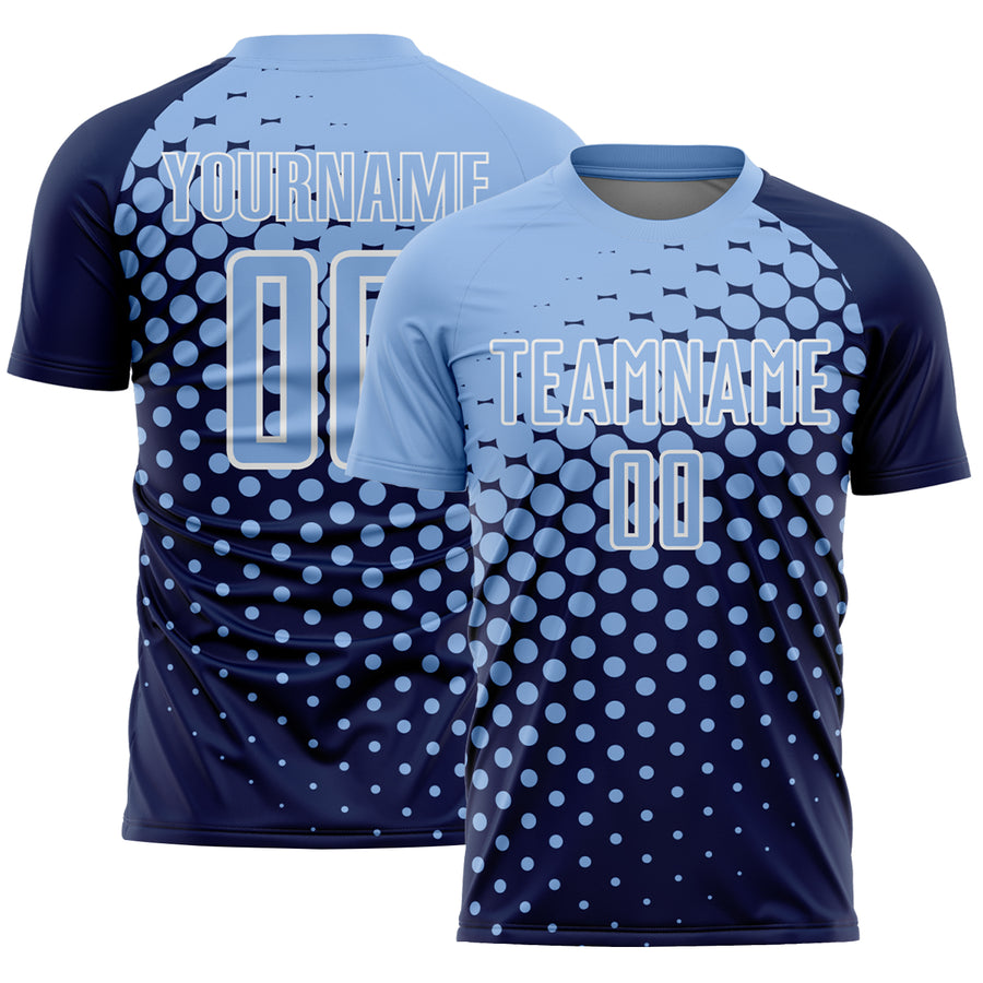 Custom Navy Light Blue-White Modern Polka Dot Sublimation Soccer Uniform Jersey