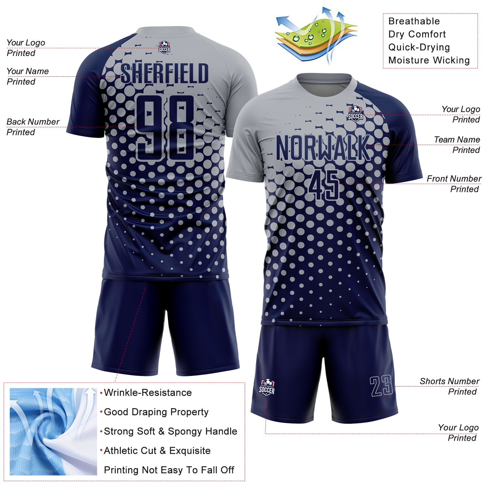 Custom Navy Gray Modern Polka Dot Sublimation Soccer Uniform Jersey