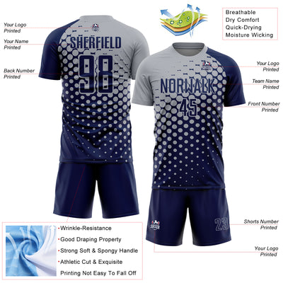 Custom Navy Gray Modern Polka Dot Sublimation Soccer Uniform Jersey