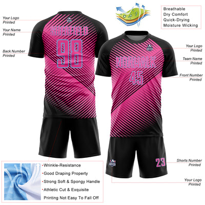 Custom Black Pink-Light Blue Line Sublimation Soccer Uniform Jersey