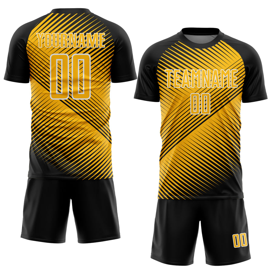 Custom Black Gold-White Line Sublimation Soccer Uniform Jersey