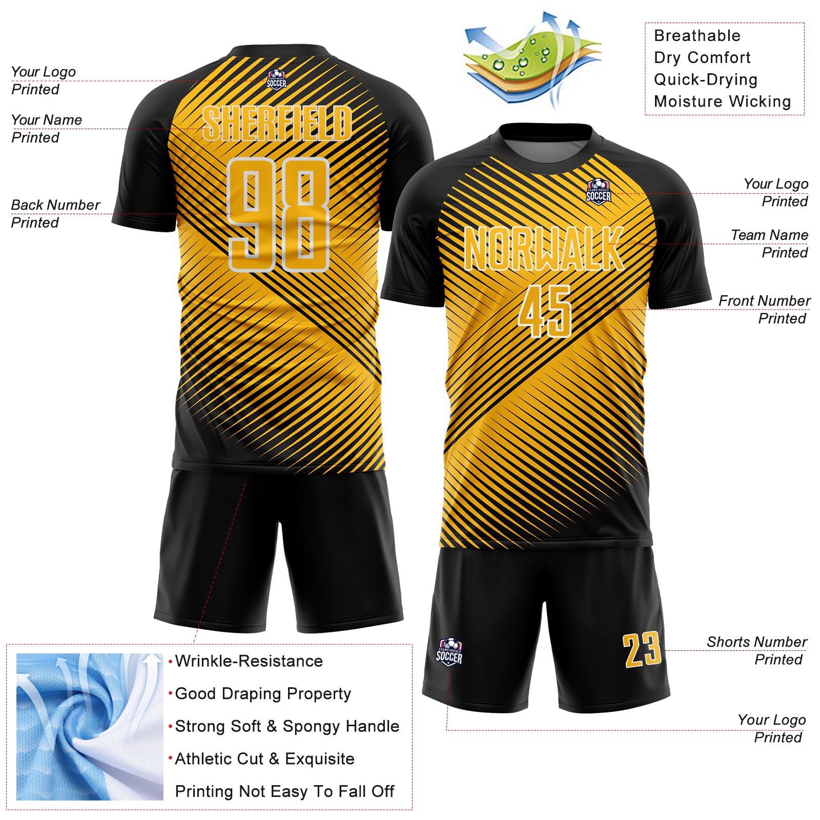 Custom Black Gold-White Line Sublimation Soccer Uniform Jersey