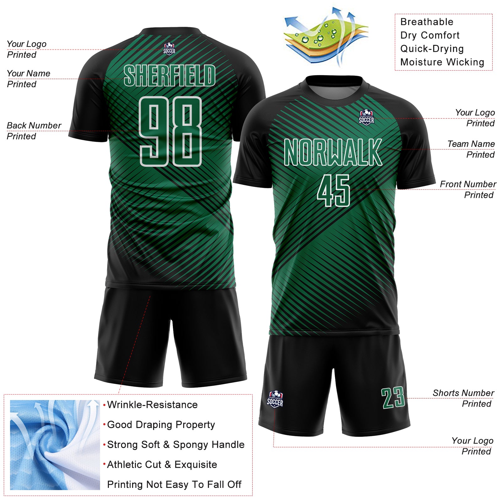 Custom Black Kelly Green-White Line Sublimation Soccer Uniform Jersey