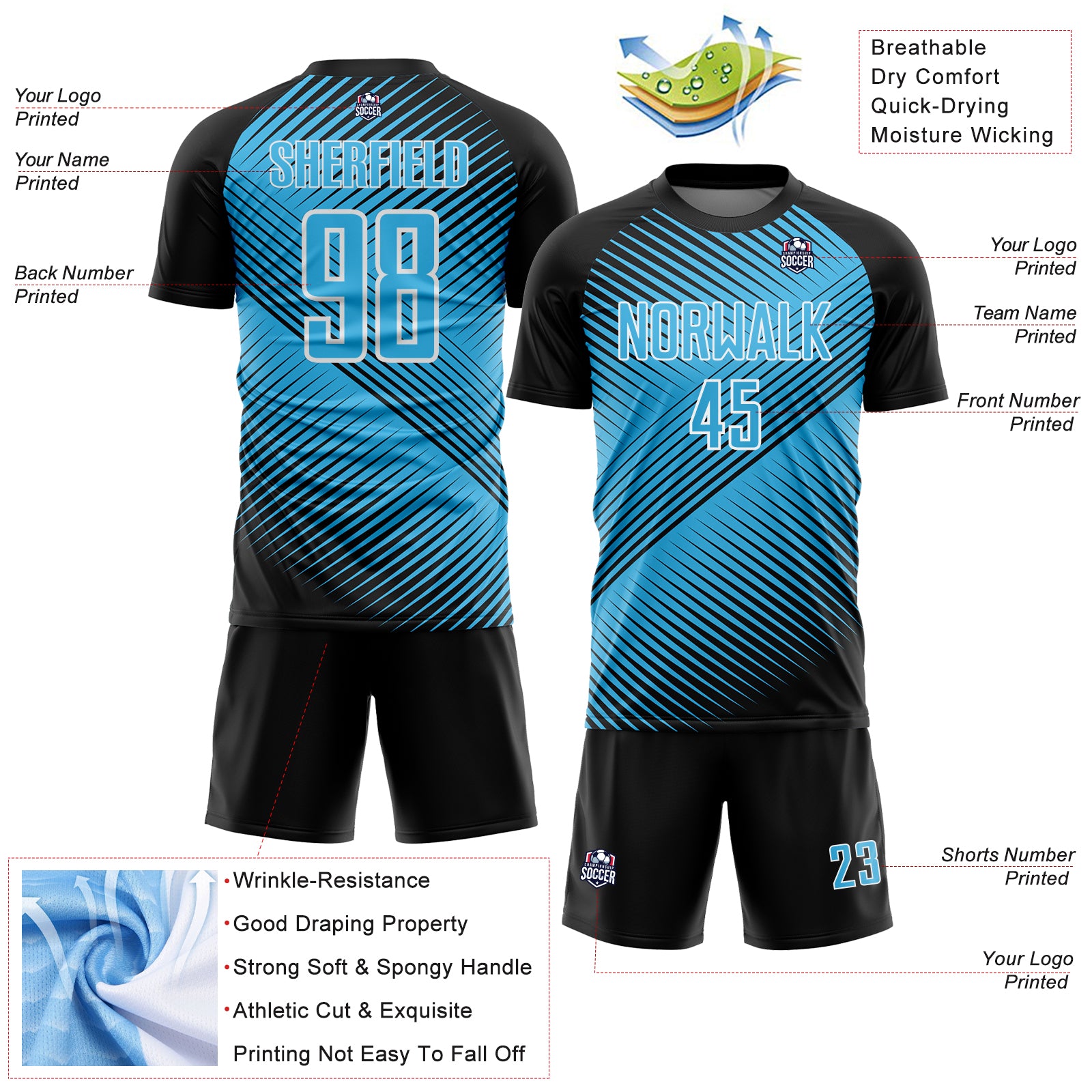 Custom Black Sky Blue-White Line Sublimation Soccer Uniform Jersey