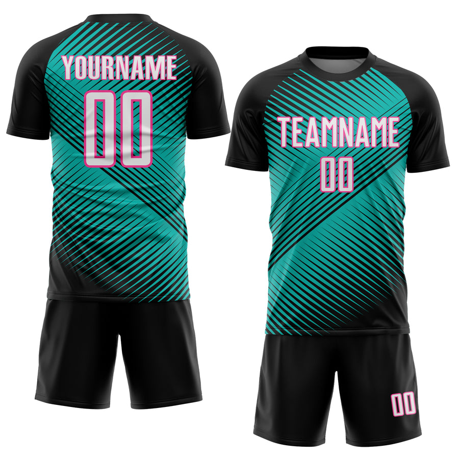 Custom Black White Aqua-Pink Line Sublimation Soccer Uniform Jersey